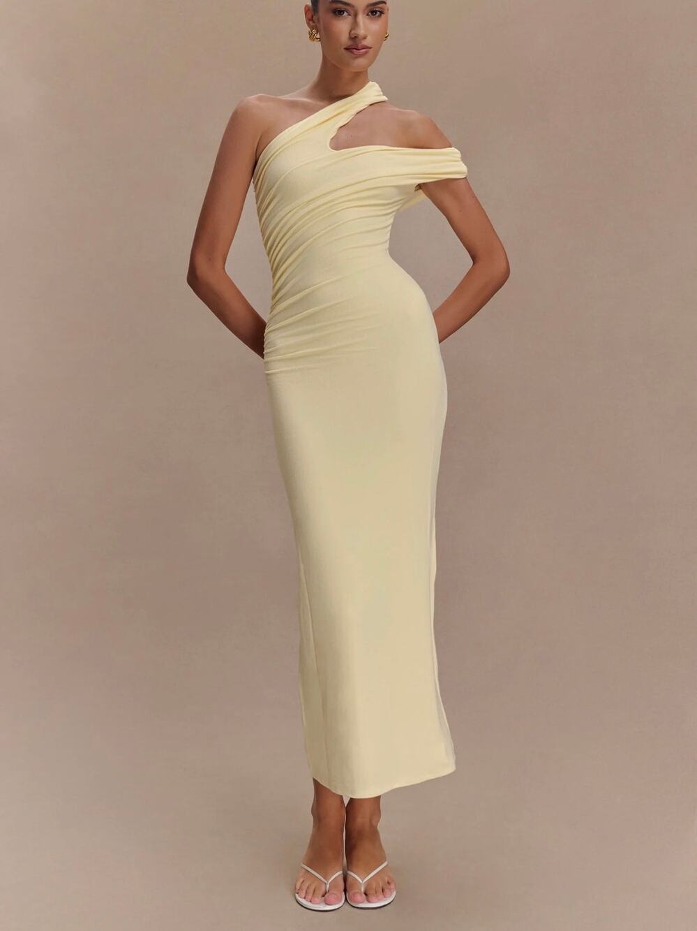 New Meshki Anastasia One Shoulder Modal Midi Dress - Pale Lemon Sz M
